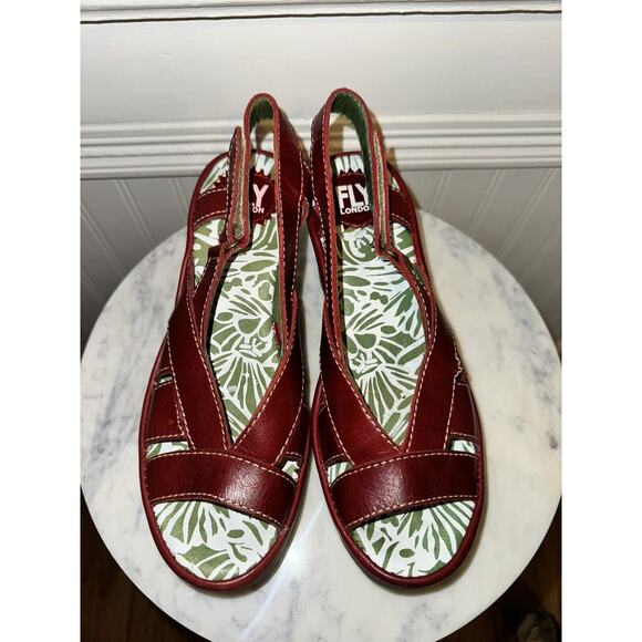 FLY LONDON Red Leather Wedge 2.5" Heel Sandal Strappy Slingback Size 37 US 6.5-7 - Picture 2 of 7